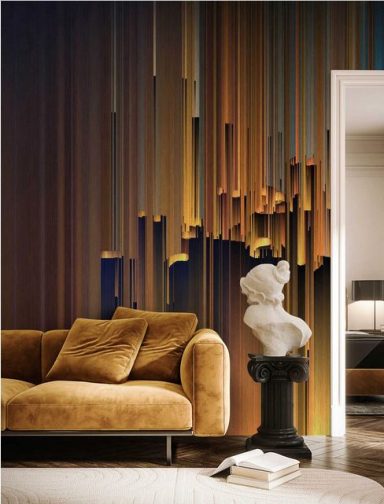 Moderne Wohnlandschaft mit braunem Sofa und abstrakter Wandgestaltung in warmen Farbtönen.