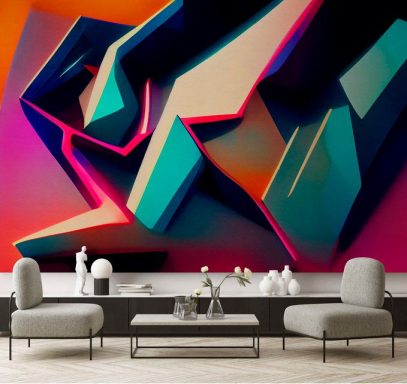 Moderne Wandmalerei mit geometrischen Formen und lebhaften Farben im Hintergrund.