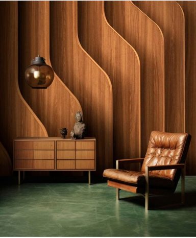 Moderne Wohnlandschaft mit holzvertäfelter Wand, braunem Sessel und stilvoller Beleuchtung.