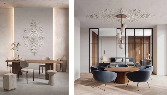 Moderne Einrichtungsbeispiele mit eleganten Tischen und stilvollen Stühlen in hellen Räumen.
